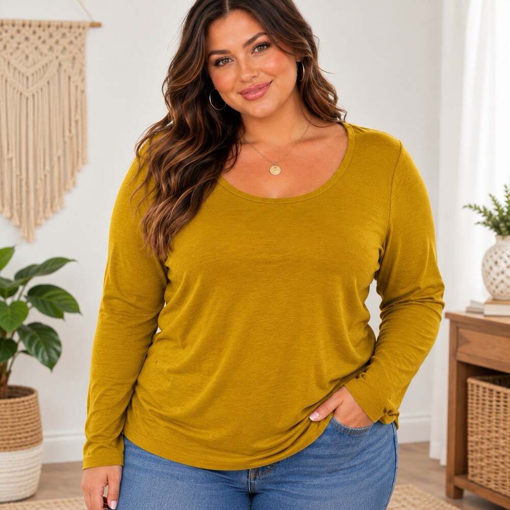 Bryn Walker XL Mustard Scoop Neck Long Sleeve Top Cotton Tencel USA Made